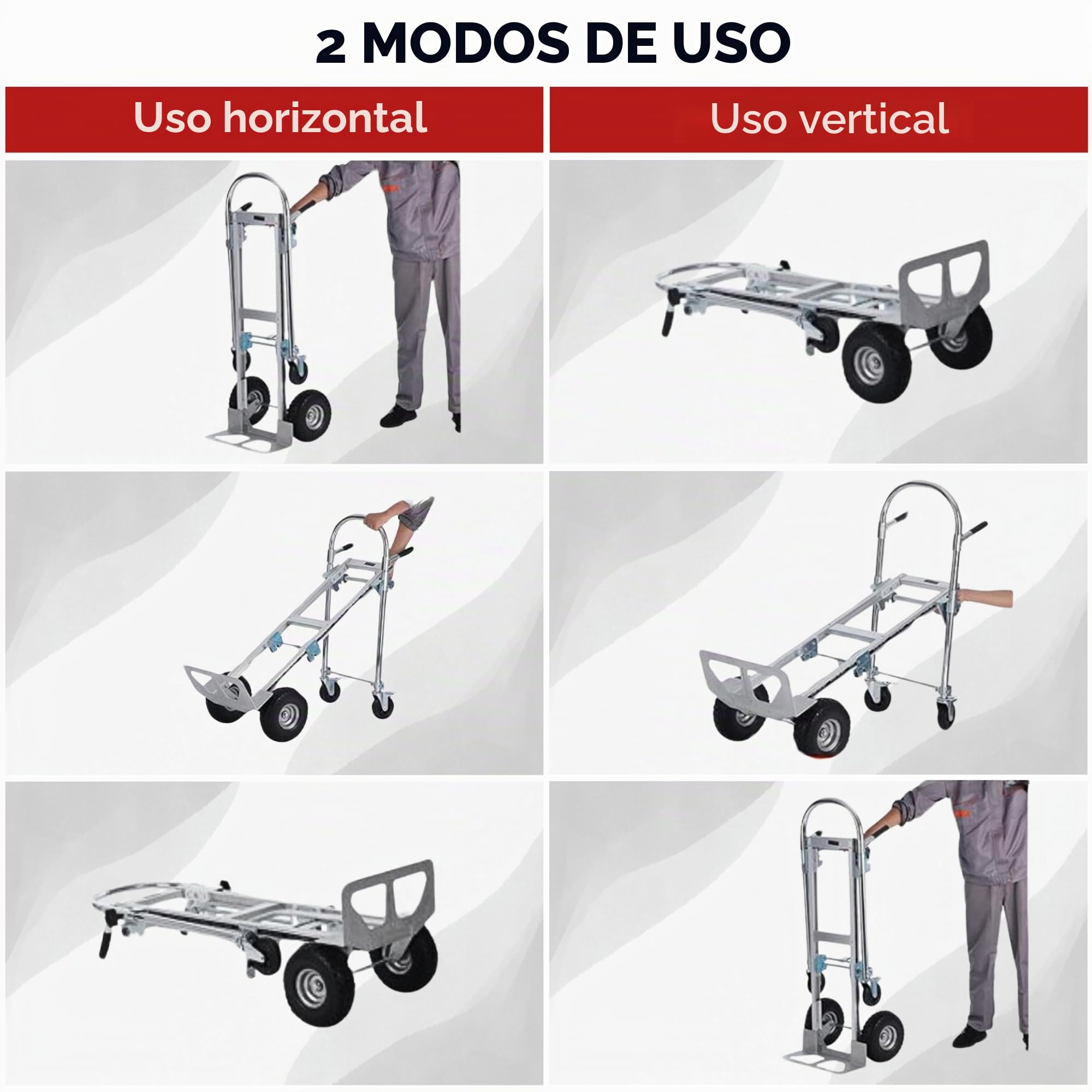 Carretilla de Mano de Aluminio 2 en 1. Carrito de Transporte con 4 Ruedas, Convertible en Plataforma o Carro de Mano, Capacidad de 350kg. Carro de Carga Plegable para Almacen, Mudanza. | 4 Ruedas, Convertible en Plataforma o Carro de Mano, Capacidad de 35