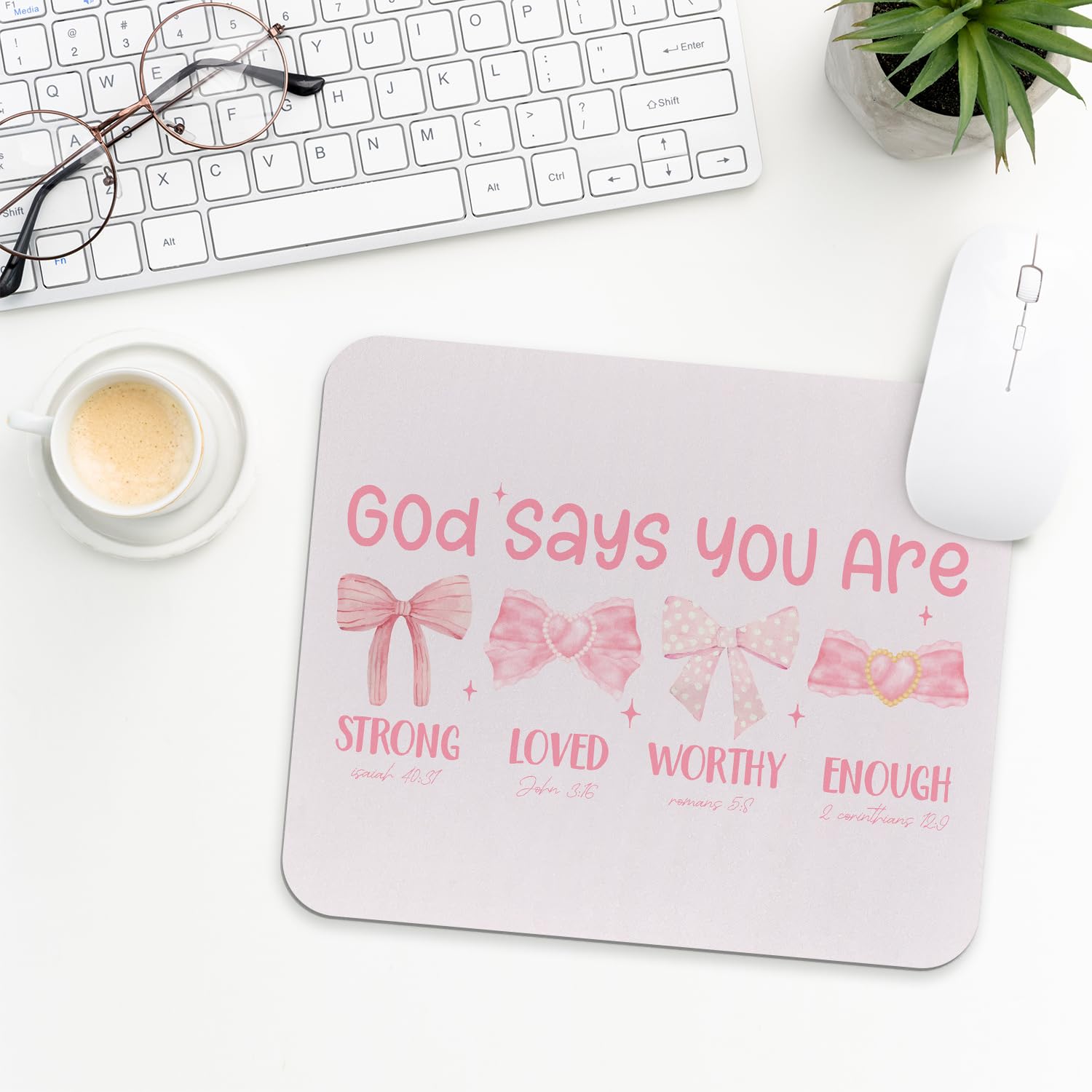 Alfombrilla de ratón con diseño de coqueta de lazo rosa, versículo bíblico inspirador, suministros de oficina, accesorios de escritorio rosa, accesorios de chica jugadora, regalos cristianos