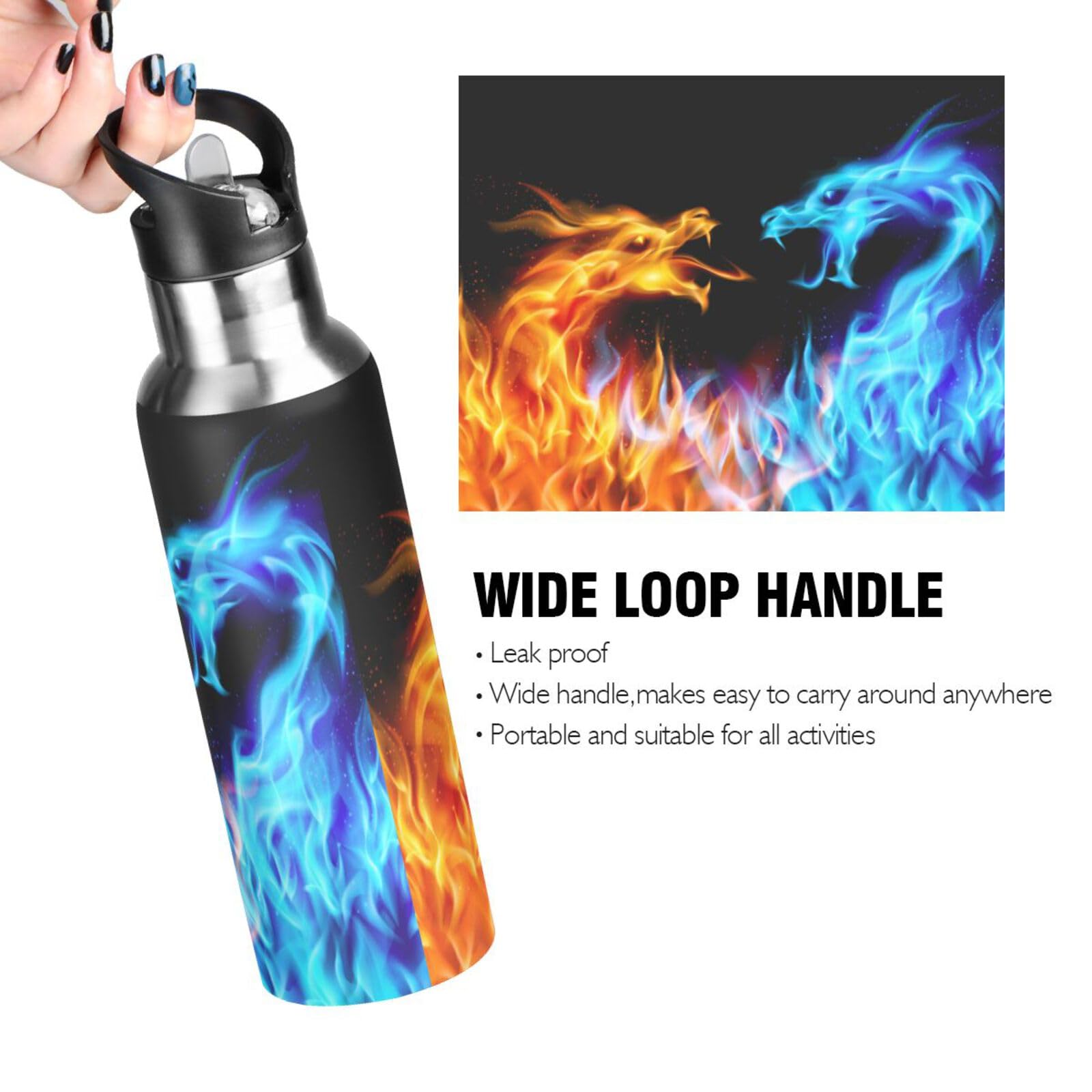 Mnsruu 20 Oz Water Bottle with Straw Fire Dragons Stainless Steel Water Bottle for Traveling Sports Leakproof… - Image 4