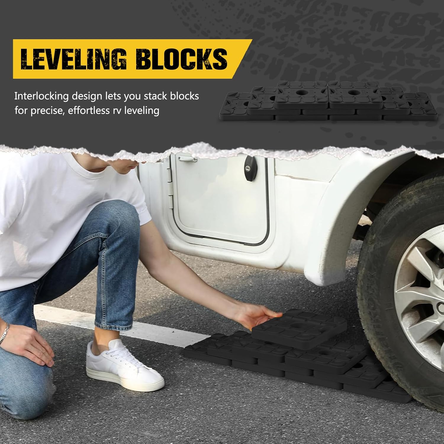 BUNKER INDUST RV Leveling Blocks/Stackable Jack Blocks, Interlocking Leveling Pads Wheels Stabilizer Blocks with Bag for Camper Trailer RVs, 10 Pack, Black