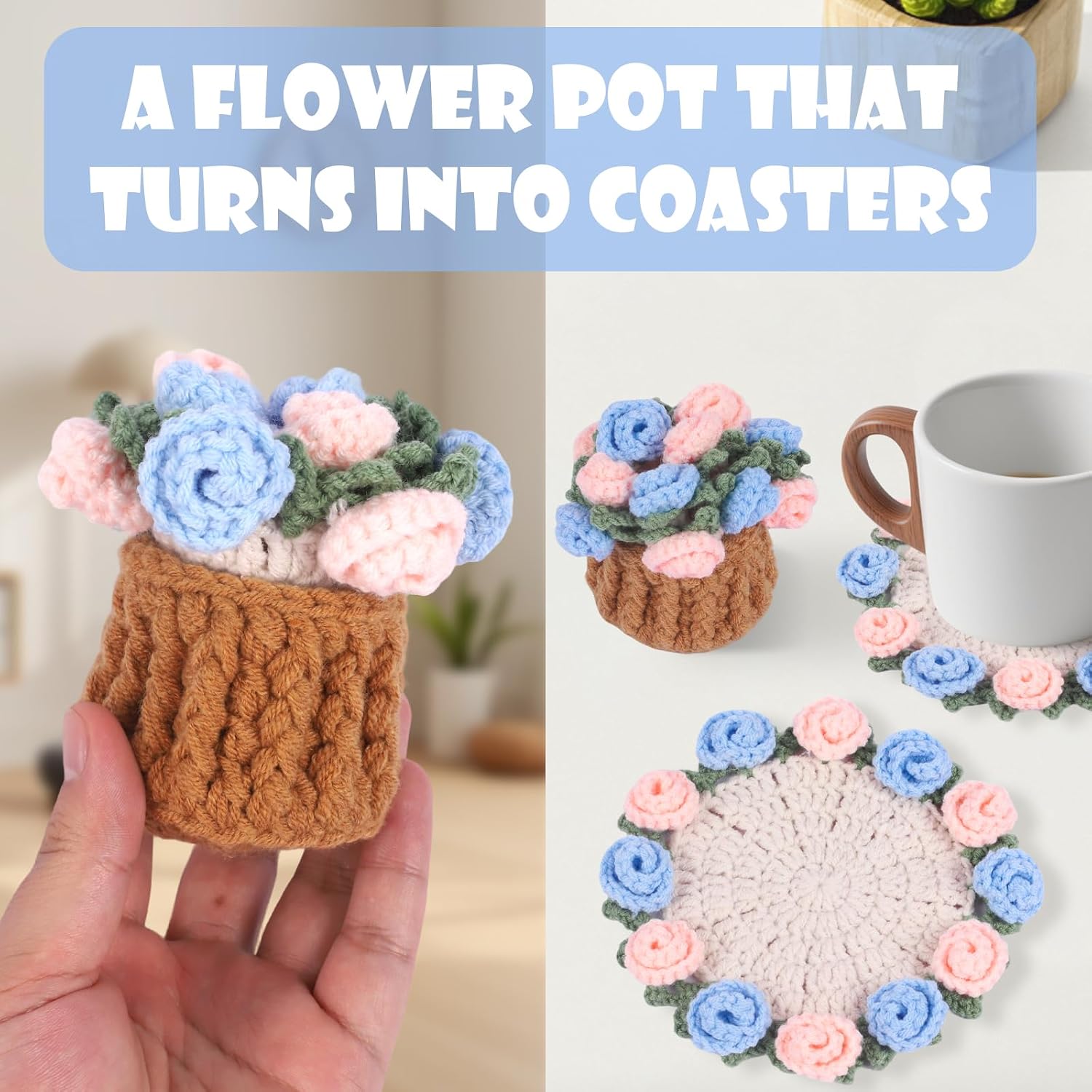 Handmade Crochet Coaster Set with Mini Basket -Boho Floral Coasters for Coffee Table, Wedding Gift, Housewarming, Birthday Vintage Rose Design (Blue) image 2