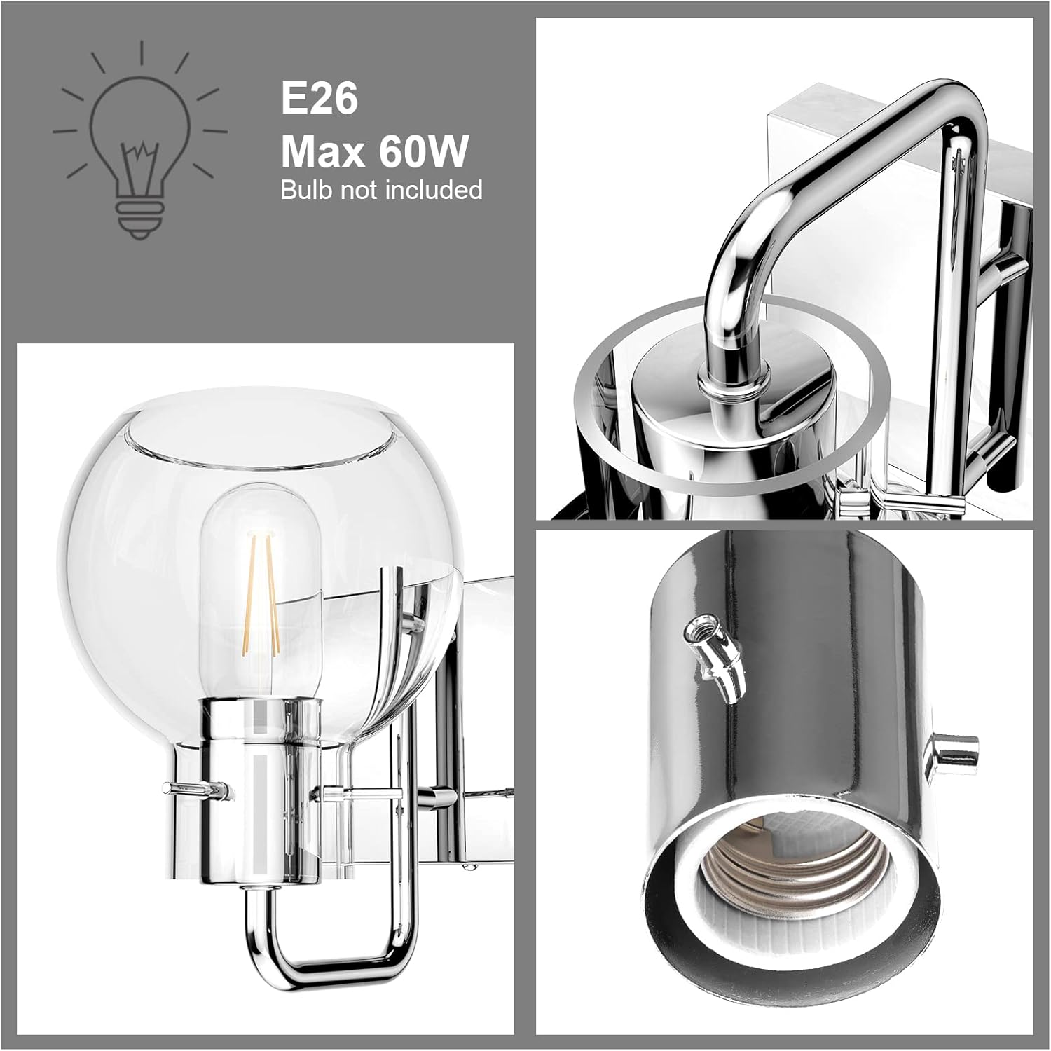 Tipace 5 Lights Stainless Steel Modern Bathroom Vanity Light Fixtures Over Mirror Chrome Industrial Vanity Lights with Globe Clear Glass Farmhouse Bath Lighting(Exclude Bulb)
