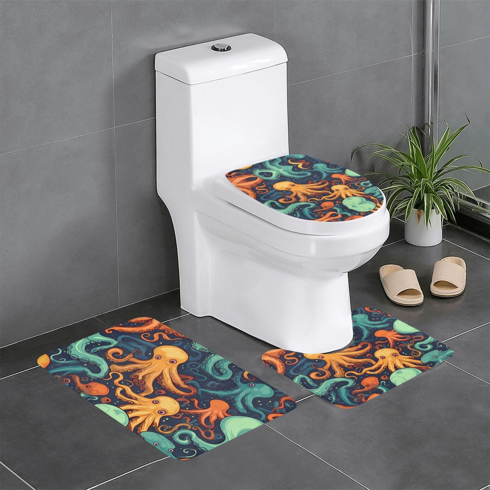 Tapis de salle de bain antidérapants pieuvre contour WC et tapis ovale coiffeuse