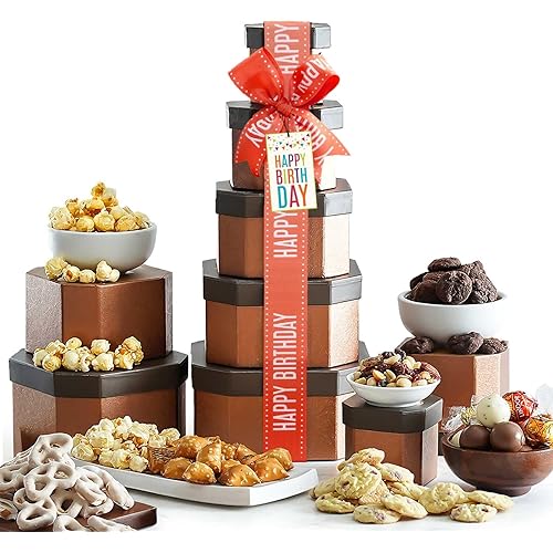 Birthday Gift Basket Tower for Women, Him, Gourmet Snacks & Sweets Food Gifts, Treat Box with Cookies, Delicious Treats, Candy Surprise by Broadway Basketeers
