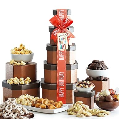 Birthday Gift Basket Tower for Women, Him, Gourmet Snacks & Sweets Food Gifts, Treat Box with Cookies, Delicious Treats, Candy Surprise by Broadway Basketeers