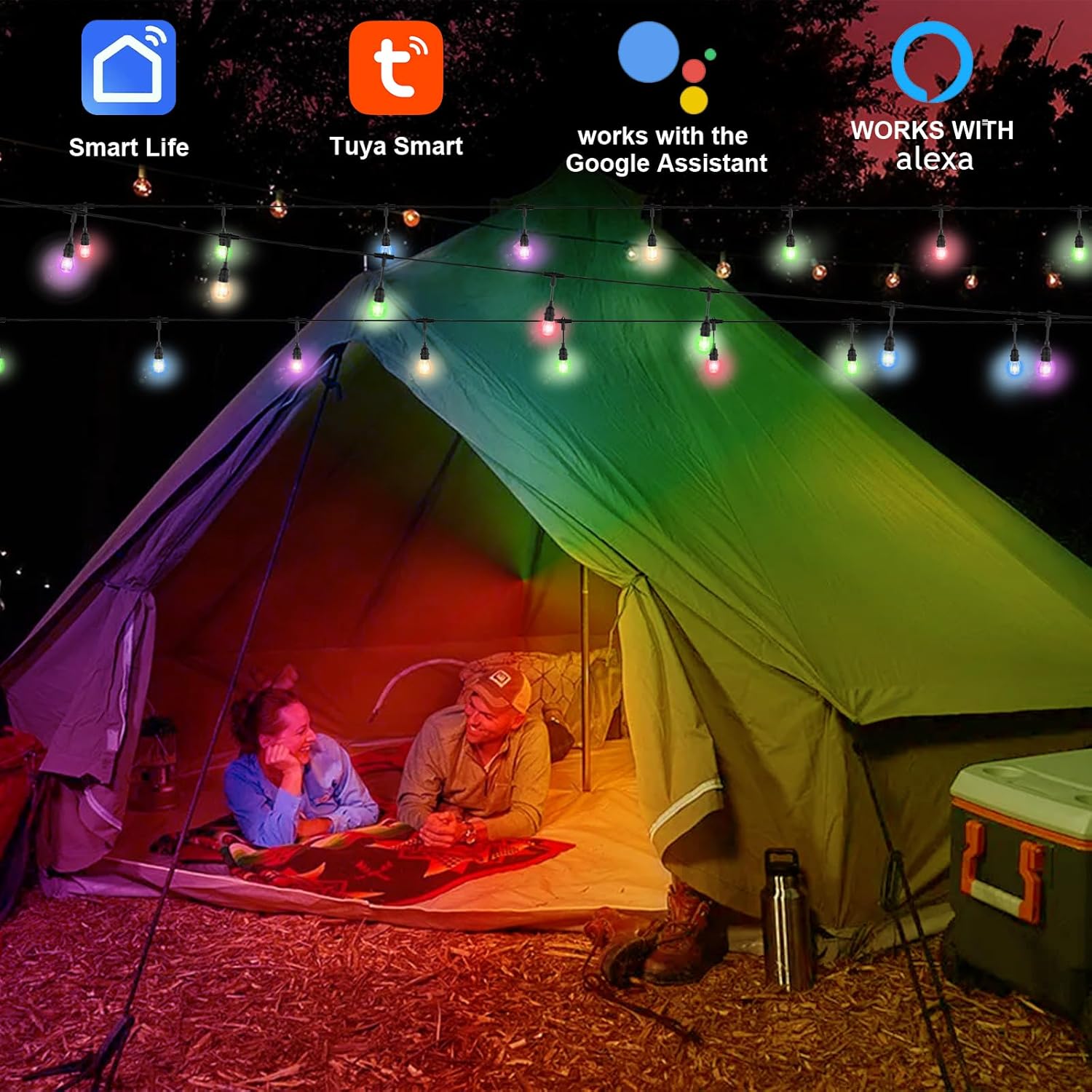 96FT Outdoor String Lights, RGBW Color Changing, Music Sync, APP Alexa & Google Assistant Compatible, Commercial Grade Hanging Bistro Lights for Mother's Day Father's Day 4th of July Easter Decor