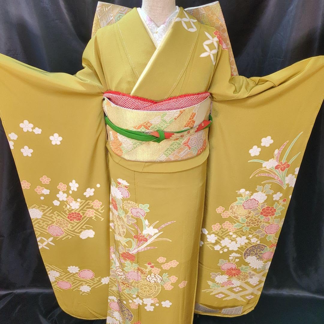 133 からし色 友禅 振袖フルセット正絹 金駒刺繍 おぼろ染 裄68.5