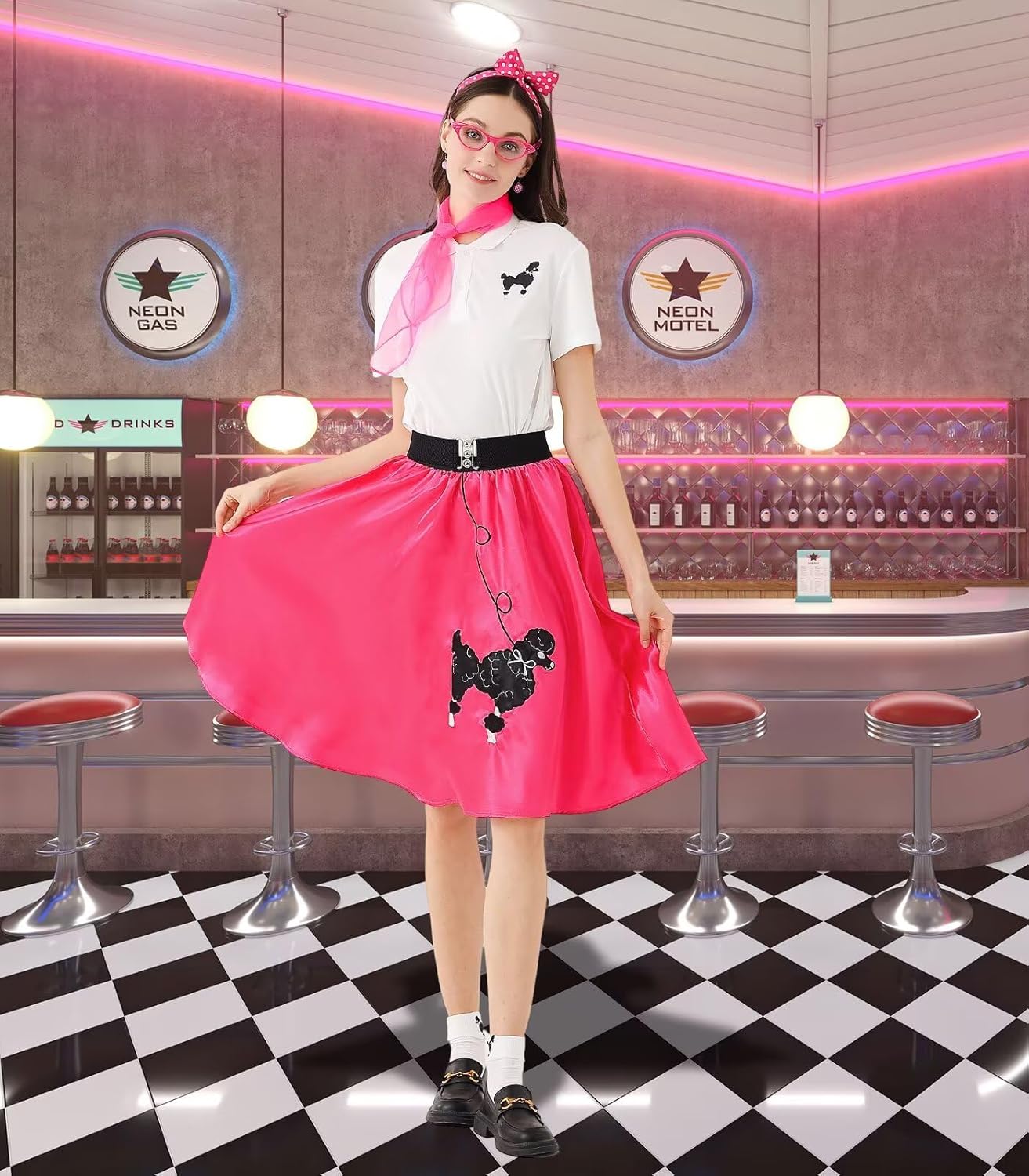 Sock Hop Outfits Women, 1950s Poodle Dresses, Polo Shirt with 50s Accessories Socks Scarf Headband Belt 10Pcs - Image 2