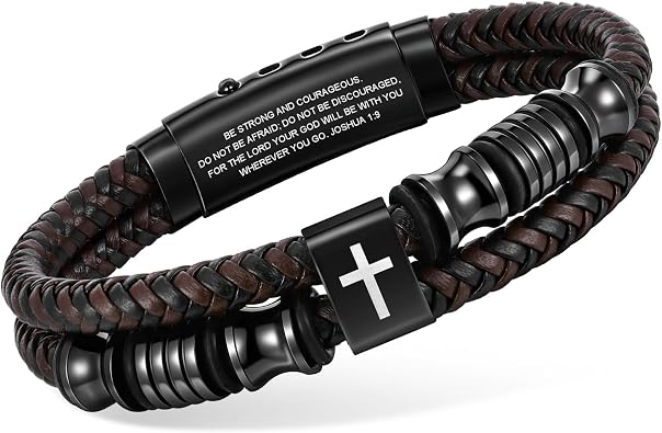Christian Brown Leather Bracelet for Men - Double-Row Braided Leather Faith Cross Bracelets Bangle Religious Baptism Inspirational Bible Verse Jewelry Gift for Young Men Teenage, Adjustable Wristband