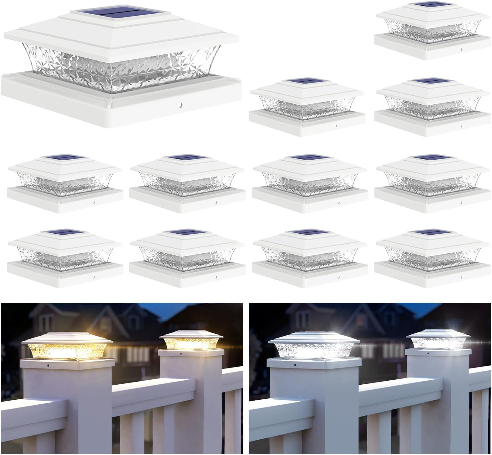 APONUO Solar Post Lights Outdoor, 2 Lighting Modes 16 LEDs Solar Post Cap Lights for 4x4 5x5 6x6 Vinyl Wooden Posts Waterproof Fence Posts Light Solar Powered for Deck/Fence/Porch (White,12 Pack)