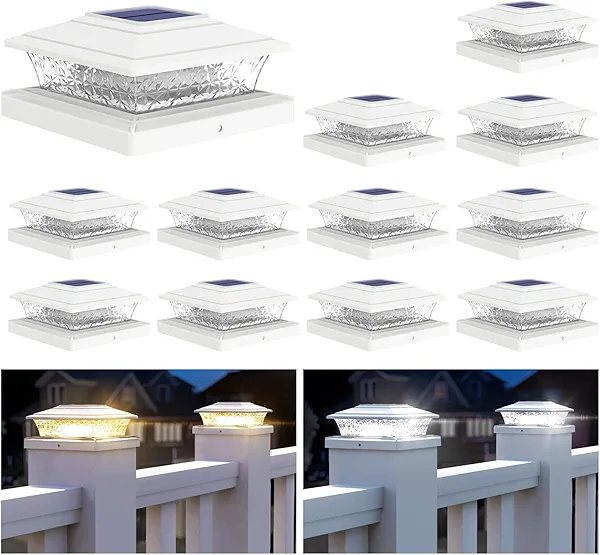 APONUO Solar Post Lights Outdoor, 2 Lighting Modes 16 LEDs Solar Post Cap Lights for 4x4 5x5 6x6 Vinyl Wooden Posts Waterproof Fence Posts Light Solar Powered for Deck/Fence/Porch (White,12 Pack)