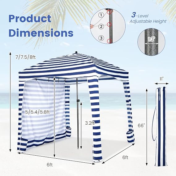 Tangkula 6x6 Ft Beach Cabana, Portable Beach Canopy with Detachable Sidewall, 8 Sandbags, 2 Tier Vent, Easy Setup Sun-Protection Outdoor Beach Umbrella Shelter with Carrying Bag for Family