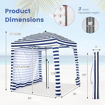 Tangkula 6x6 Ft Beach Cabana, Portable Beach Canopy with Detachable Sidewall, 8 Sandbags, 2 Tier Vent, Easy Setup Sun-Protection Outdoor Beach Umbrella Shelter with Carrying Bag for Family