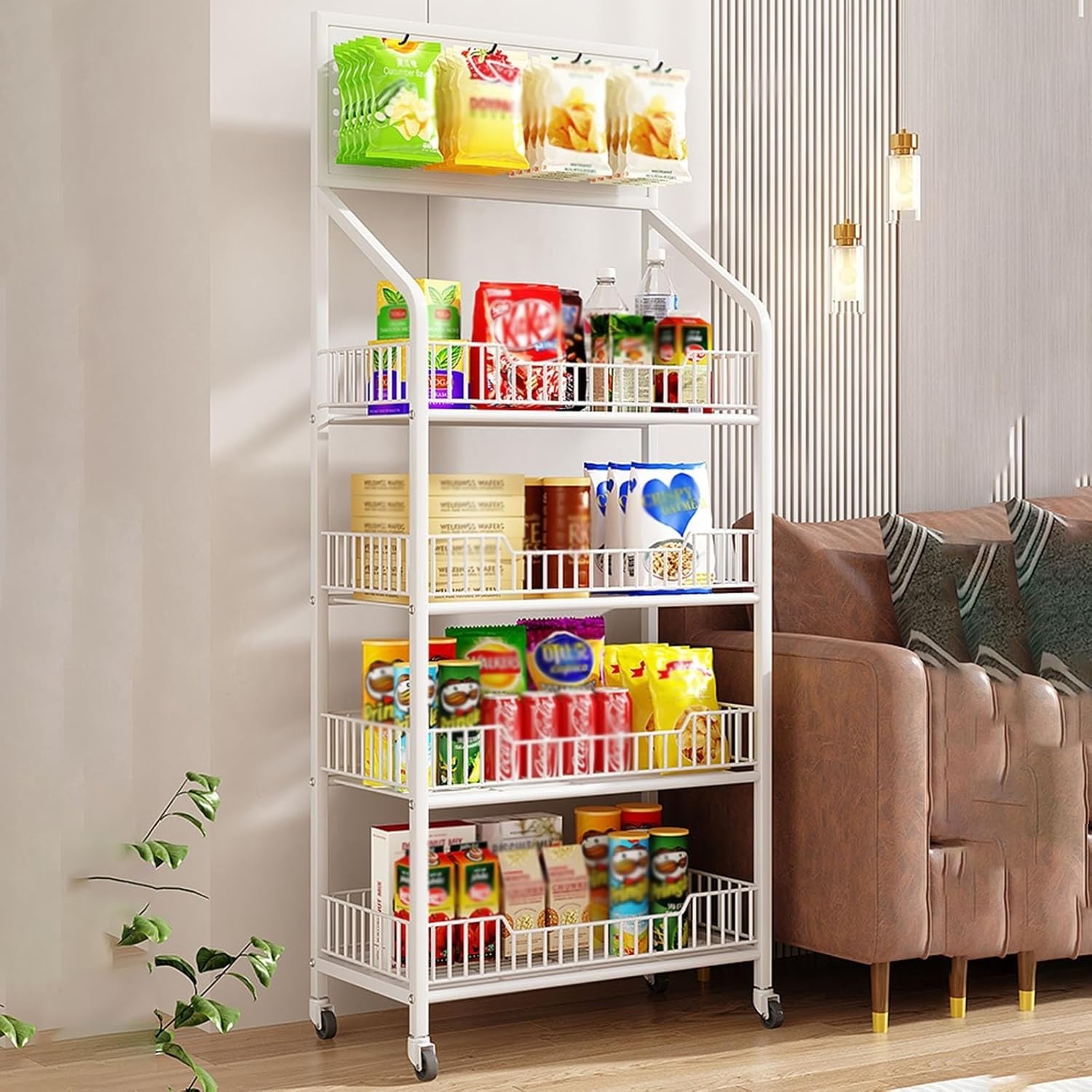 Store Display Rack Wall Mounted Storage Rack Supermarket Convenience Store,4-Tier Rolling Vegetable & Snack Display Rack with Wheels & Hooks - Supermarket Organizer for Fruits, Vegetables, K