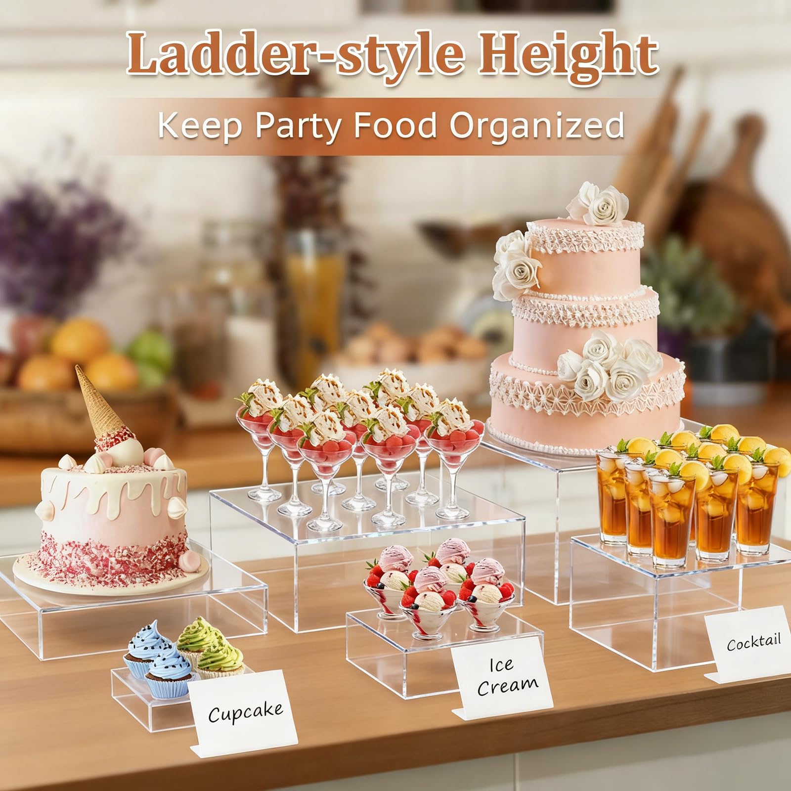 SUNEZLGO 8 rialzi per buffet, grandi alzate per alimenti in acrilico con mini cartelli, espositori per tavolo da buffet in acrilico trasparente, per feste, catering, dessert, gioielli, con fondo cavo