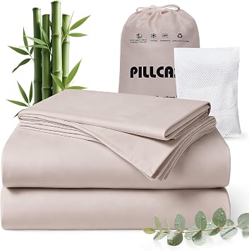 Luxury Organic Tencel & Viscose from Bamboo Cooling Sheet Set,Silky Soft Lyocell Sheets with Deep Pocket, Hypoallergenic & Breathable Bedding with Pillowcases Sand, Queen