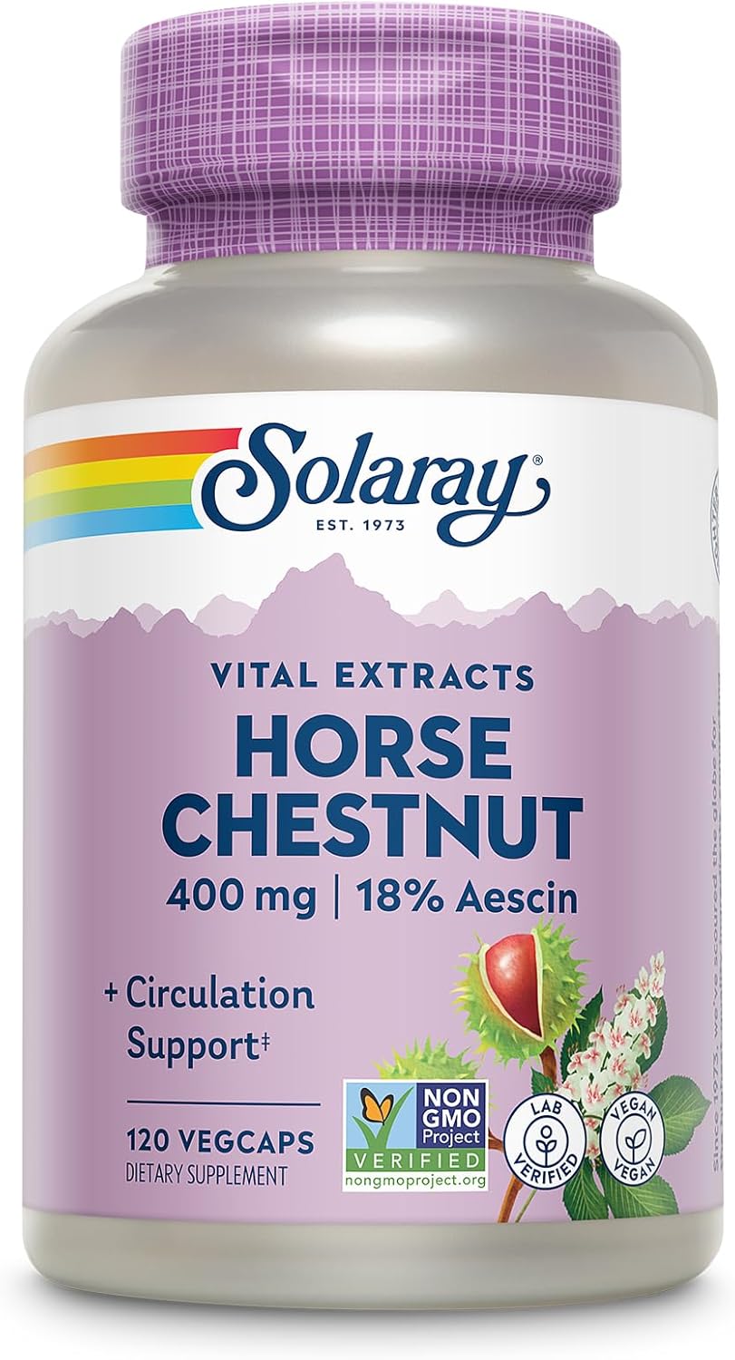 SOLARAY Horse Chestnut Extract 400 mg – Standardized to 72 mg Aescin – with 55 mg of Butchers Broom – Vein and Blood Circulation Supplements – Vegan, Non-GMO, 60-Day Guarantee, 120 Serv, 120 VegCaps