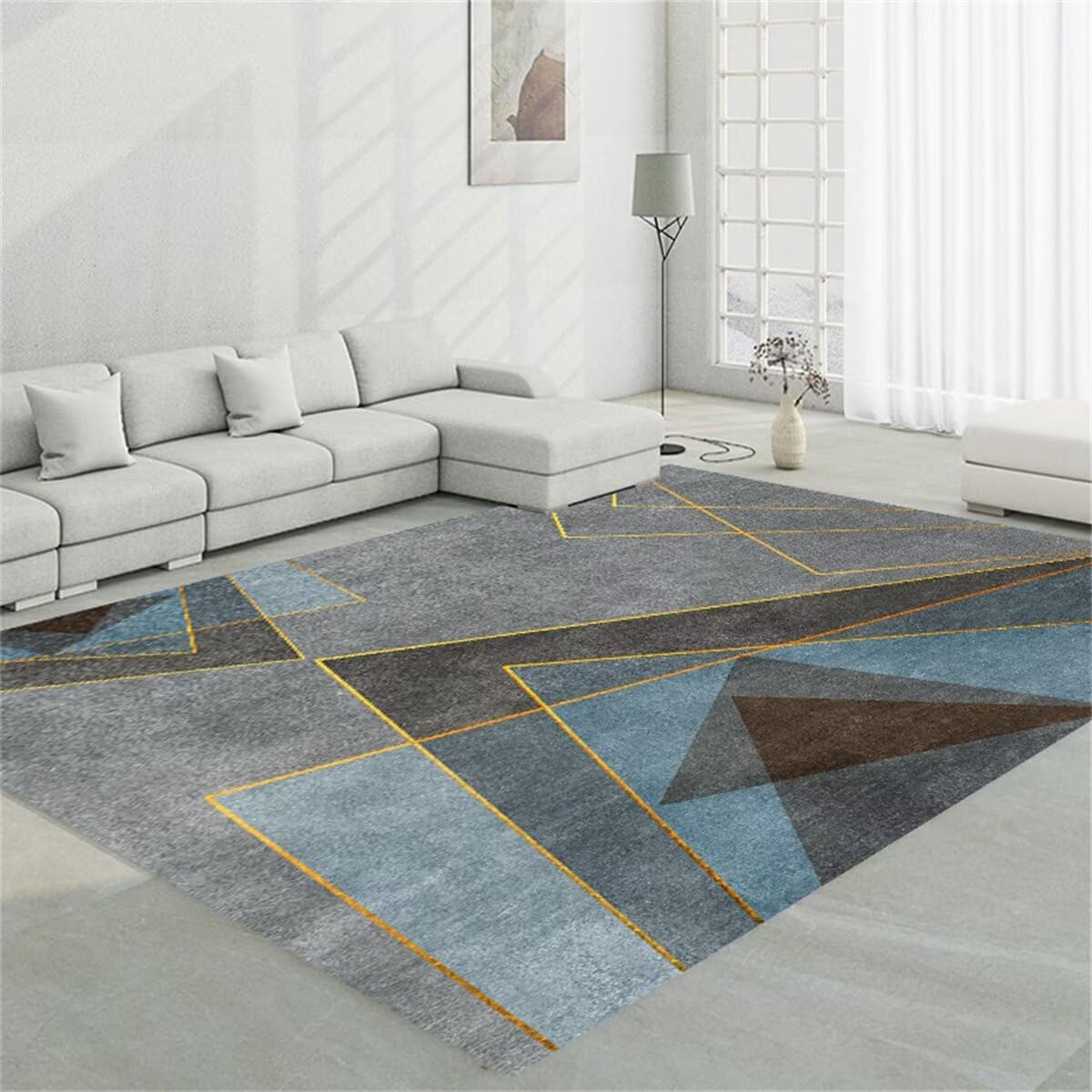 Tapis de salon gris bleu géométrique antidérapant de 50x80cm