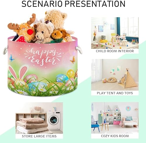 Miniatura 4 de SUABO Cesta de almacenamiento de huevos de Pascua, hierba, mariposas, orejas de conejo, cesta de almacenamiento de lona plegable con asa para ropa,