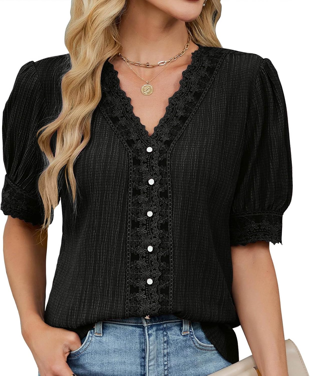 Camicia da donna in pizzo, patchwork, top boho, estiva, tinta unita, con scollo a V, maglione, pieghevole, elegante, primavera, estate, a maniche corte, da spiaggia, Vino, S