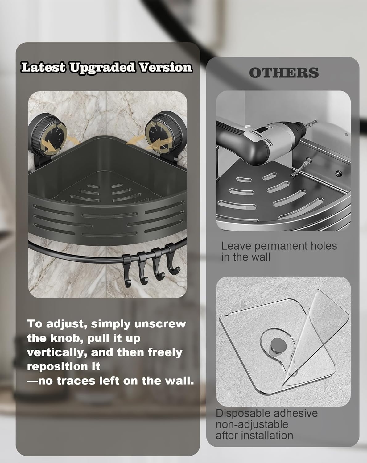 LOOCH 3 Pack Plastic Corner Shower Caddy with Twist-Lock Suction Cups & a Pre-Applied Adhesive Layer, The No-Drill Shower Organizer with Towel Bar & Drain Holes for Bathroom Storage & Decor（Grey）