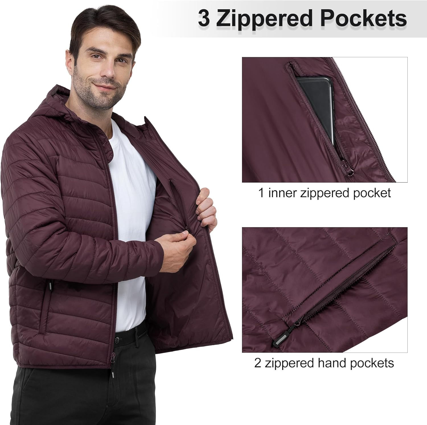 Outdoor Ventures Men's Lightweight Packable Hooded Puffer Jacket Insulated Winter Coat for Snow Ski Traveling - Image 3