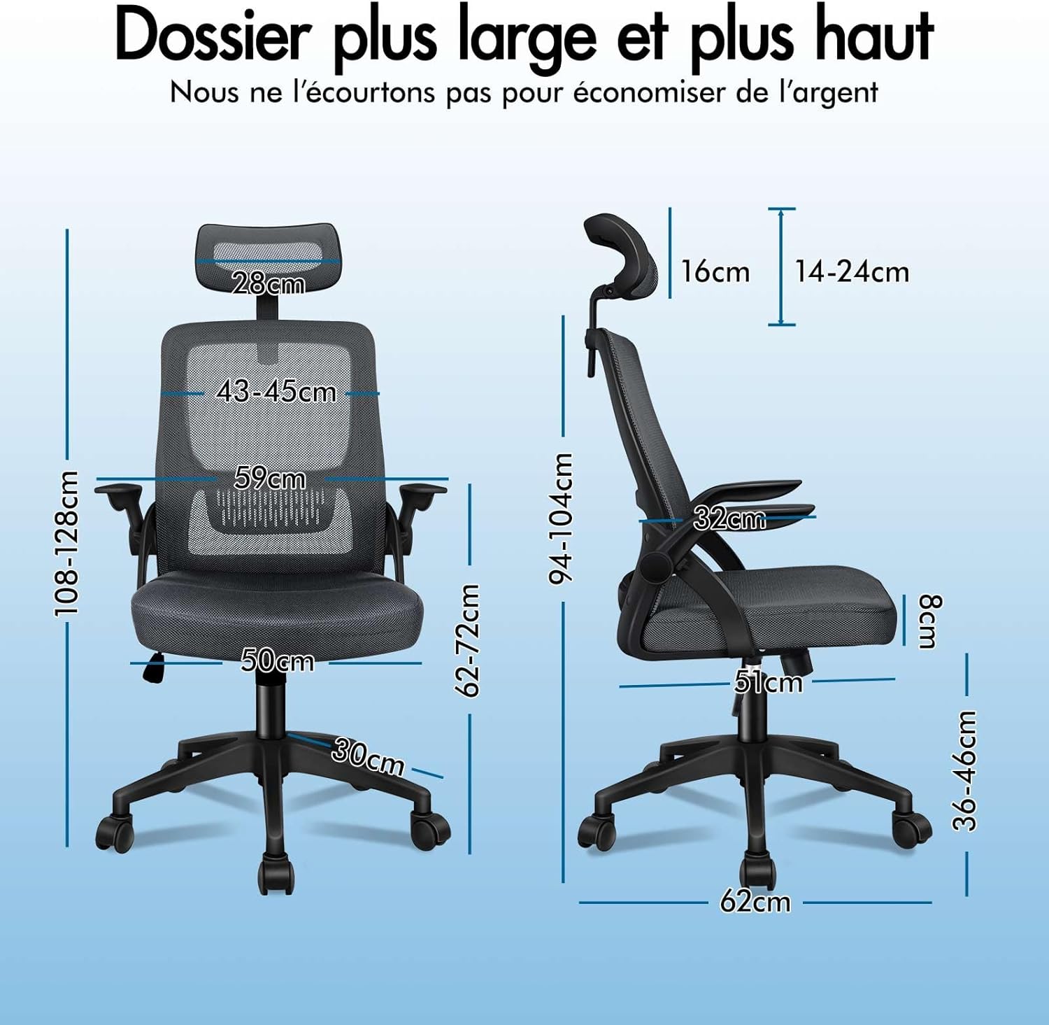 Detailed dimensions of the ALFORDSON Arco-Grey ergonomic office chair, showing height, width, and depth measurements for various parts.