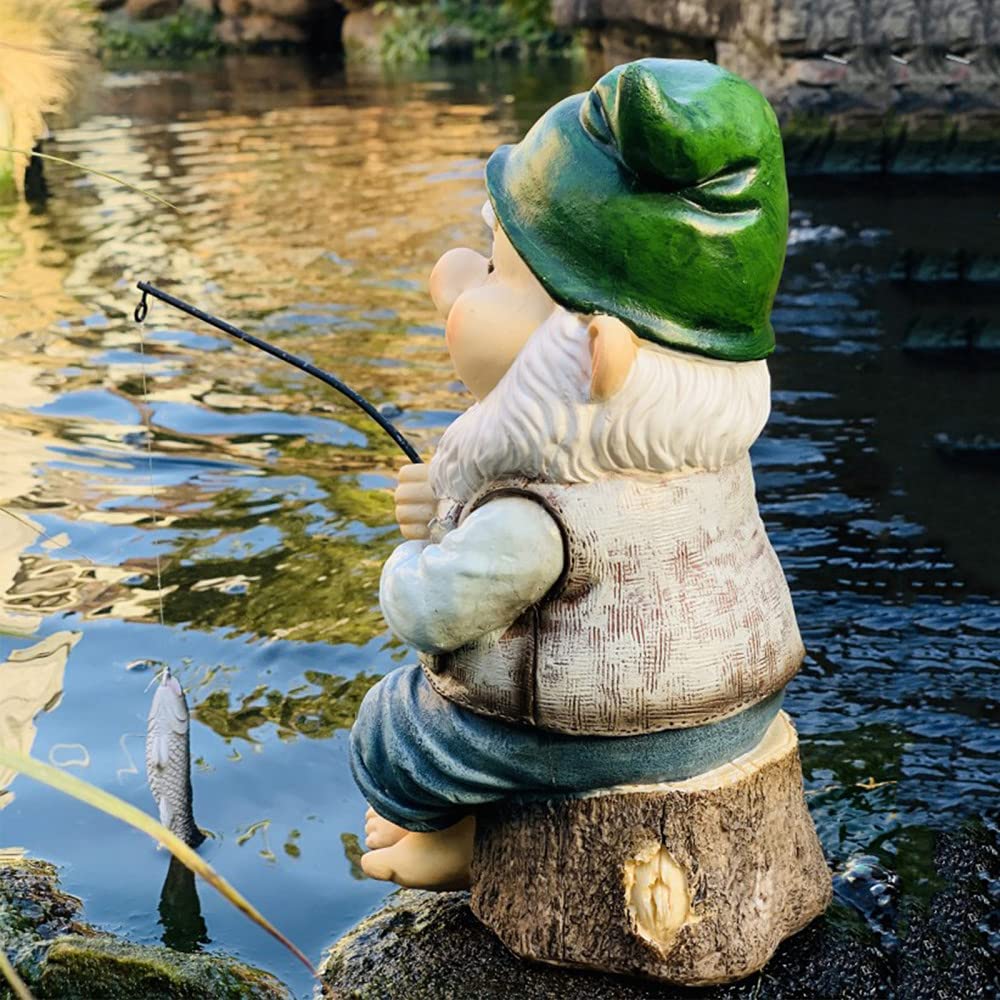 Statua krasnal wędkarski - dekoracja ogrodowa z żywicy, trawnik, patio, podwórko, figurka z wędką