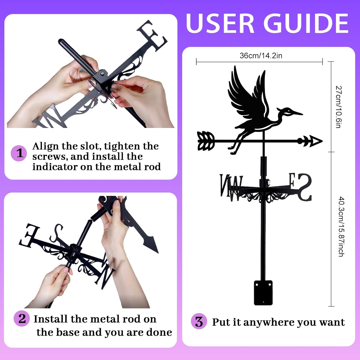 Blue Heron Weathervane Metal Wind Vane Arrow Weathercock Garden Decoration Wind Direction Indicator Stake Roof Mount Ornament for Farmhouse Yard Outdoor