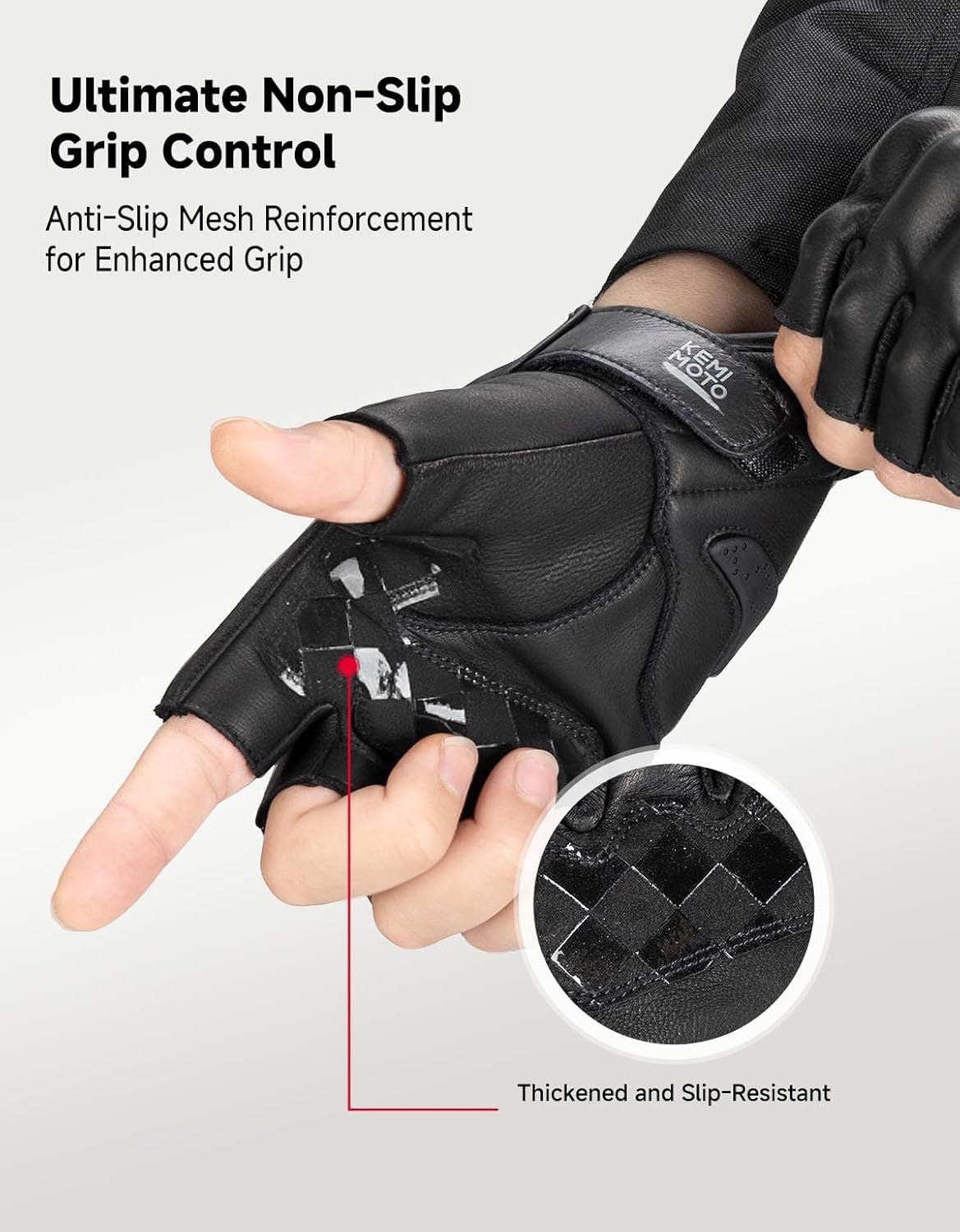 KEMIMOTO Gants Moto Homme Demi-Doigts, Gants Moto Été en Cuir de Chèvr Antidérapants avec Design à Coutures Extérieures, Convient pour Motocross, Scooter, Cyclomoteur, Mobylette, Quad, ATV