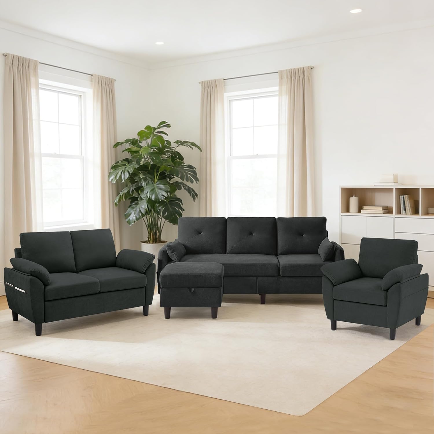 Sectional Couch Set, L Shaped Sofa with Reversible Chaise, Loveseat, Armchair, 4 PCS Convertible Small Couches for Small Spaces, Living Room, Apartment and Office, Black