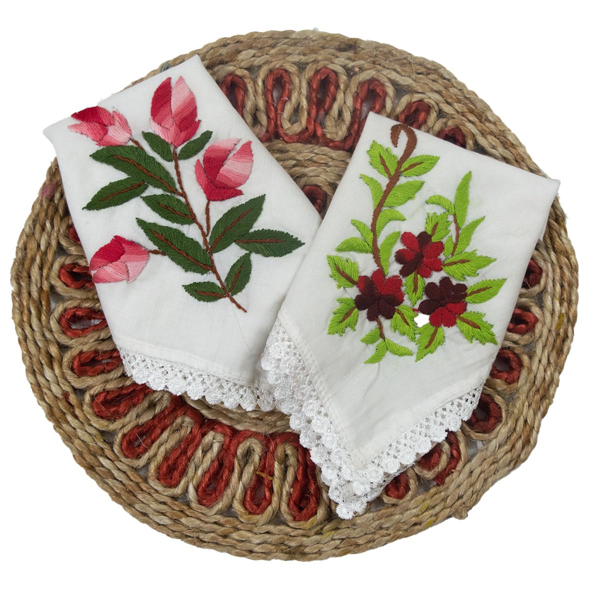 stotra Pure Cotton Handembroidered Women's Handkerchiefs-Pink Tulip and Red Periwinkle Design-Set of 2-picture-26
