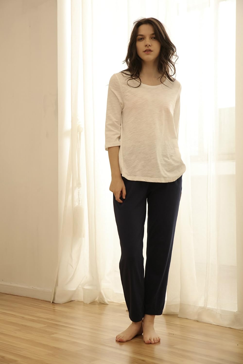 2 pieces women pajama set spring autumn 3/4 sleeve casual loose sleep wear