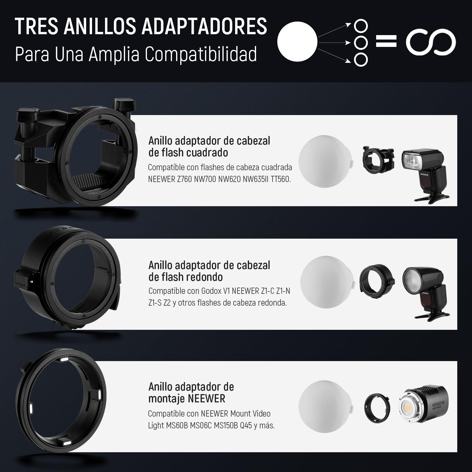 NEEWER CRS6 Diffusion Dome con 3 Anillos Adaptadores, Compatible con Godox V1 Z1 Z2 Flash de Cabeza Redonda y Speedlite Cuadrado Z760, Mount Difusor para Luz de Video MS60B MS60C MS150B