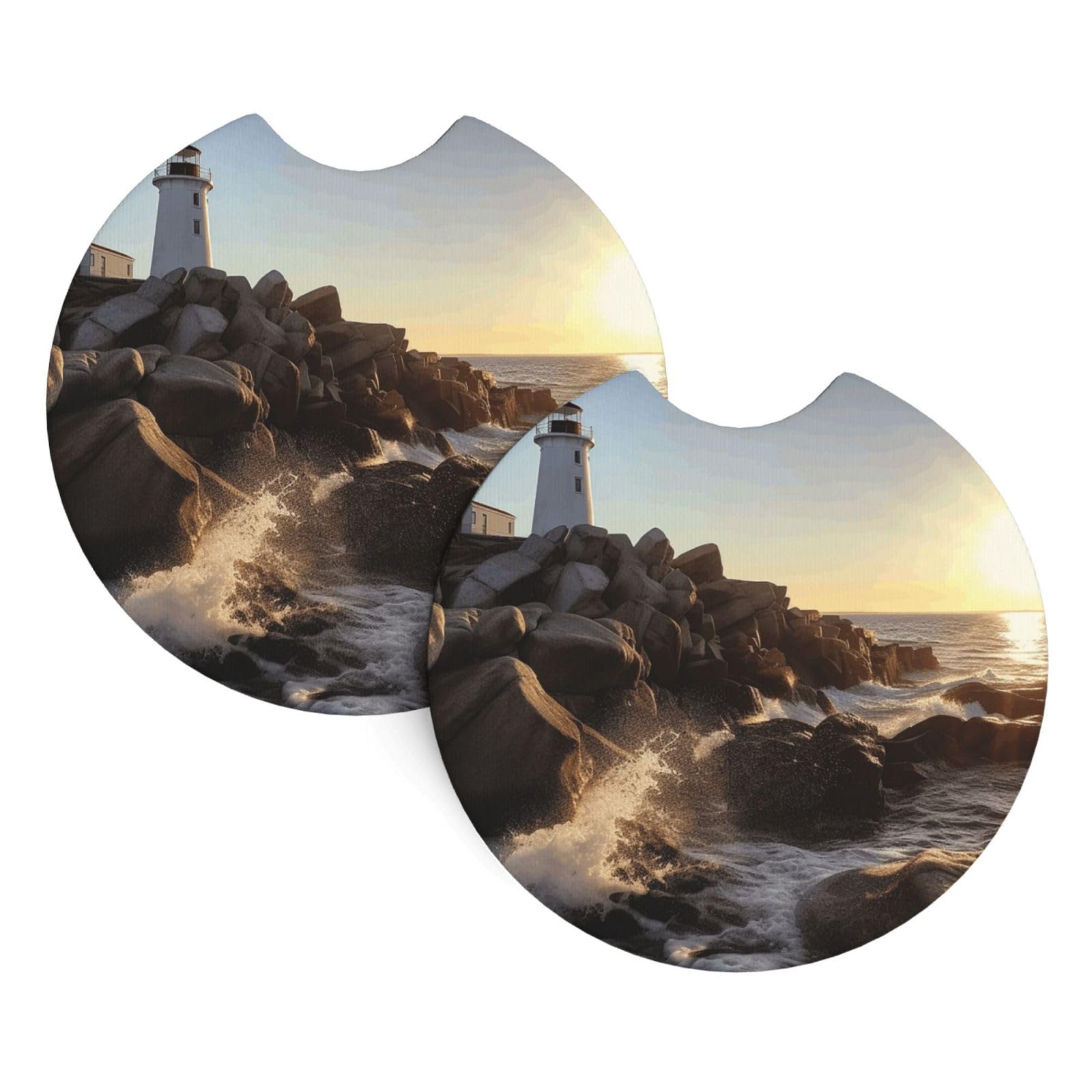 2 Pack Car Coaster for Cup Holders Lighthouse Rocks Seaside Car Cup Coaster 2.7" Neoprene Non-Slip Automotive Cup Mat Universal Auto Car Interior Accessories for Women Men Cup Pad