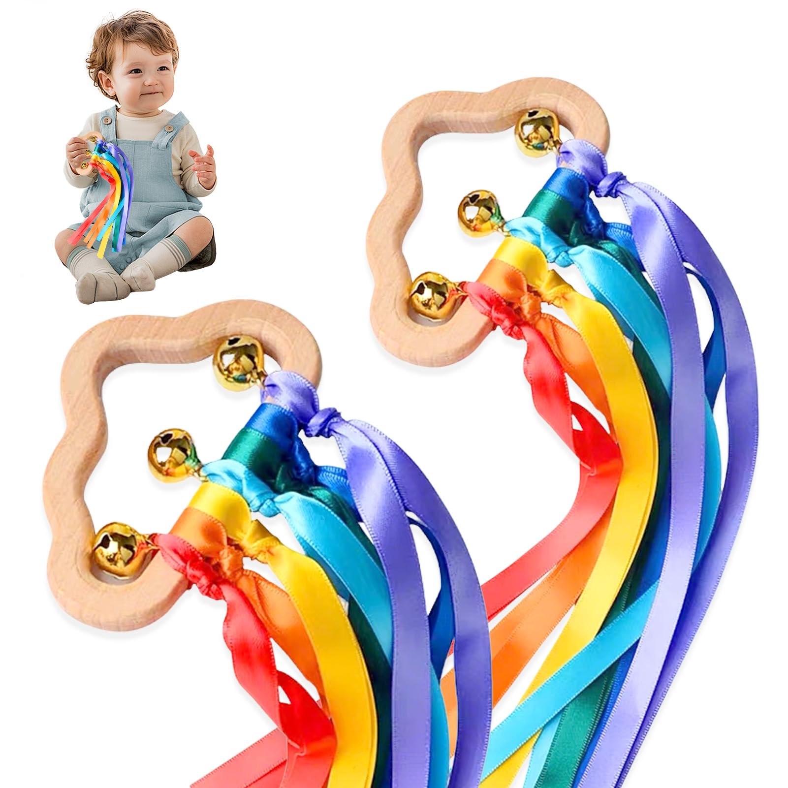 2PCS Sensory Wooden Ring Baby Toys, Rainbow Ribbon Sensory Toy with Bells, Colourful Ribbon Cloud Ring Play Toys for Babies Toddlers Infants Newborns Boy Girl Gifts Crawling Playing