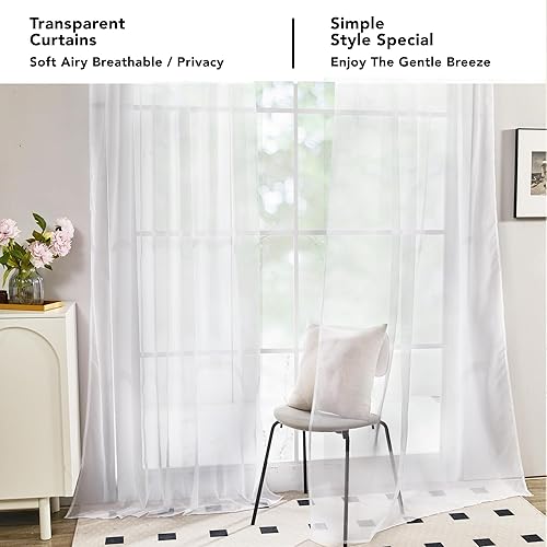 Miniatura 3 de Deconovo Cortinas semitransparentes con pestaña trasera y bolsillo para barra, blanco, 52 pulgadas de ancho x 63 pulgadas de largo