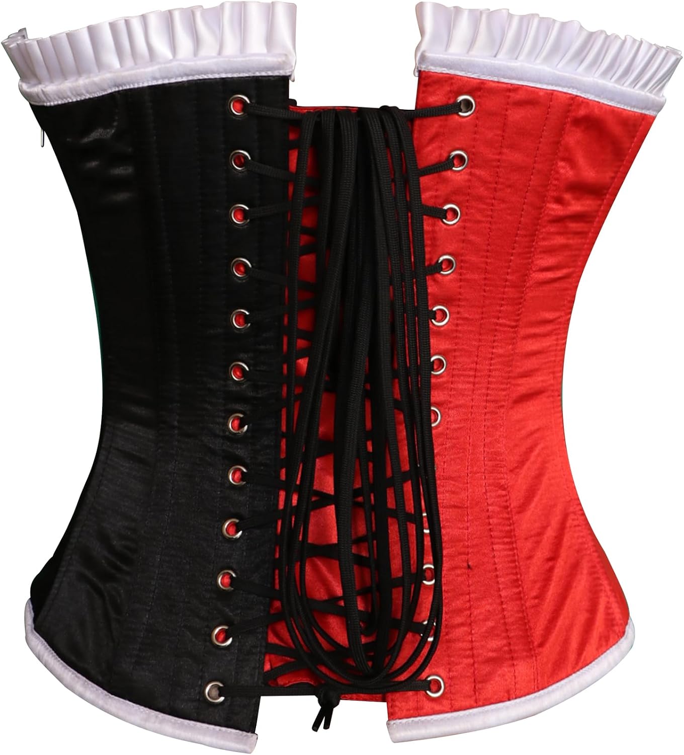 Women’s Red Black Satin With White Frill Overbust Corset Bustier Top