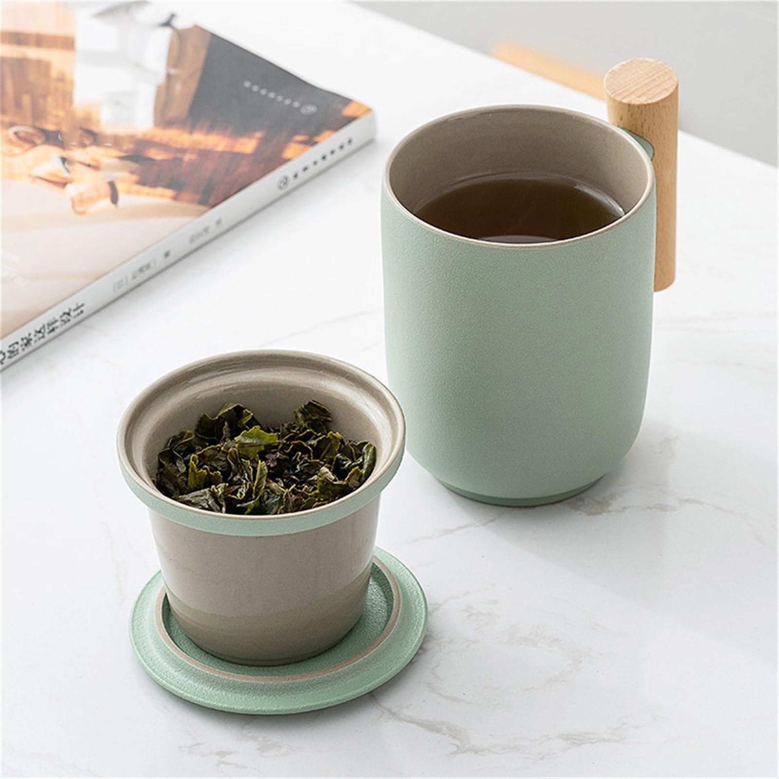 Tasse à thé en céramique 350 ML avec Couvercle et Filtre, Grande capacité, avec poignée en Bois, infuseur à café et thé