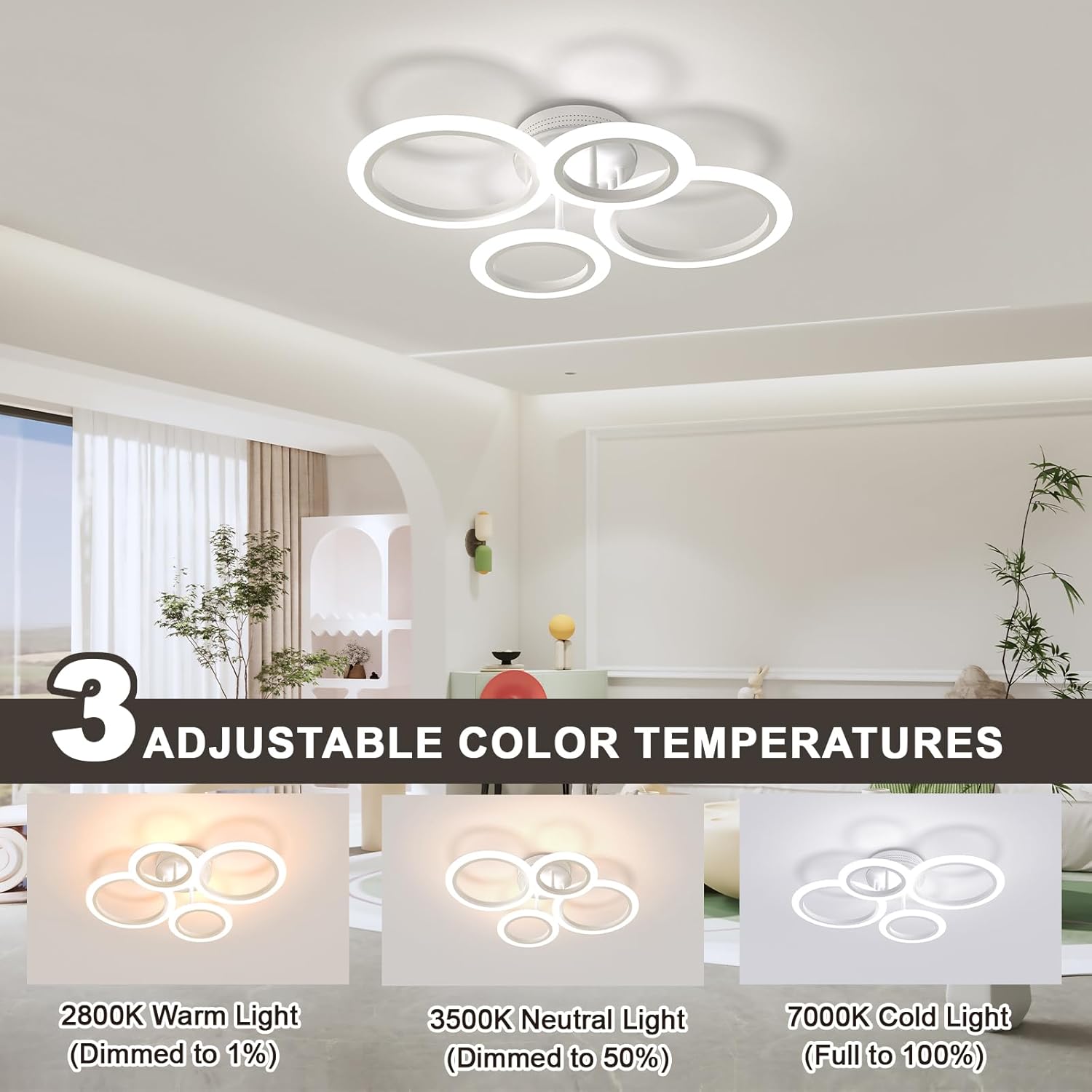 OUQI 48W 4 Ring Modern LED Ceiling Light, 2800-7000K Dimmable Flush Mount Kitchen Light Fixtures, White Round Chandelier Ceiling Lamp for Small Room, Kitchen, Bedroom