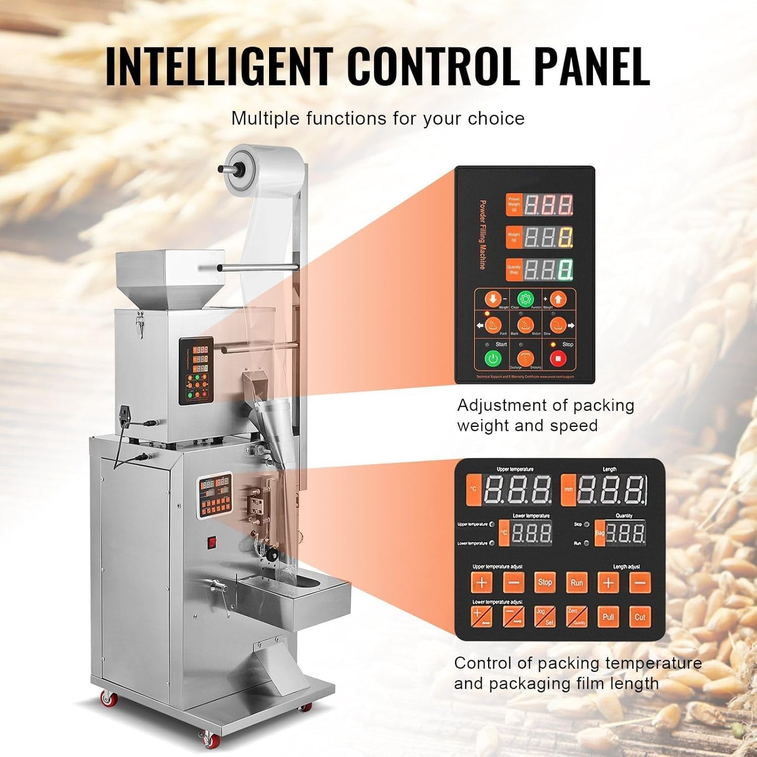 Intelligent Control Panel with buttons for adjusting packing weight, speed, temperature, and film length.