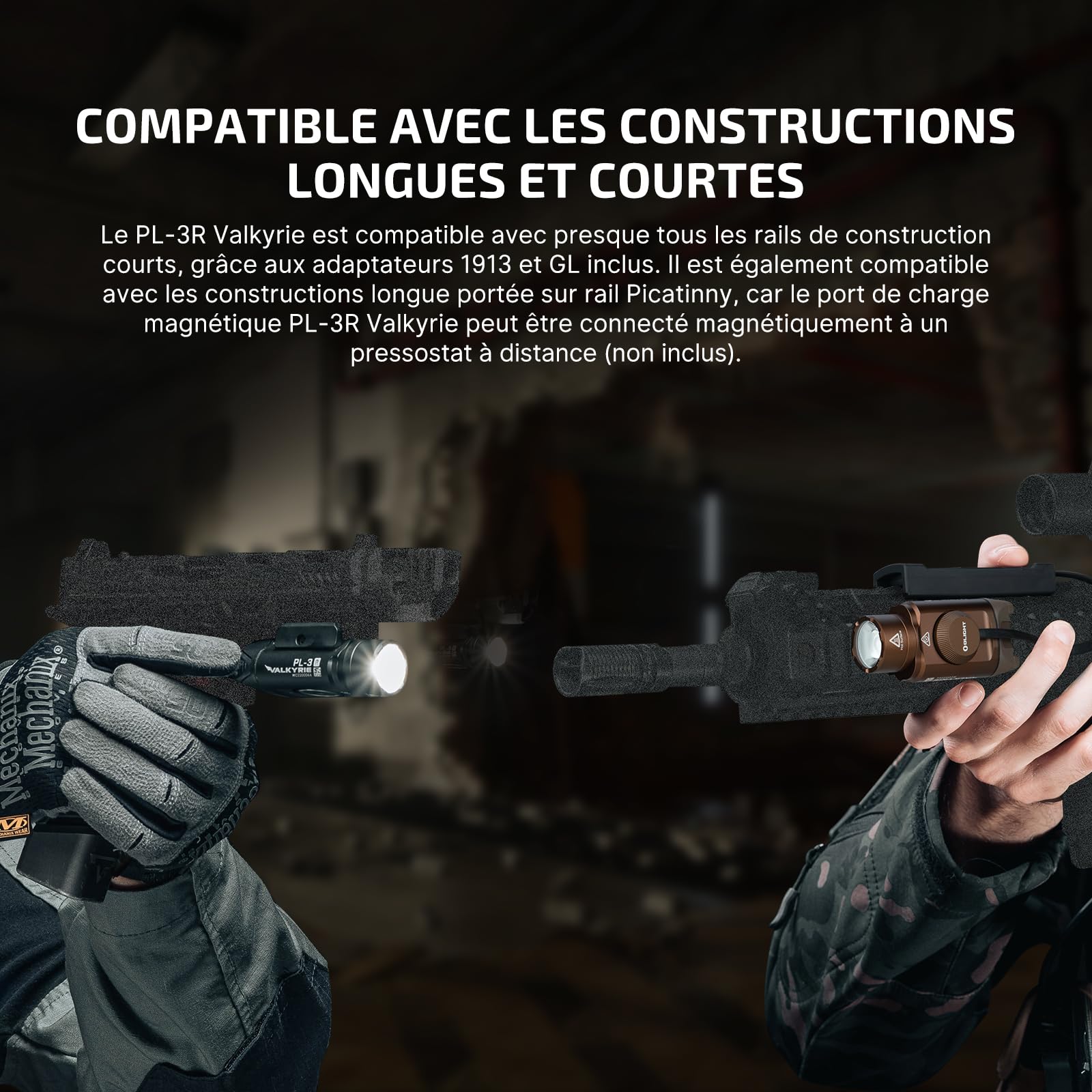 OLIGHT PL-3R Valkyrie Lampe Tactique 1500 Lumens Max 205M Rechargeable Deux Modes d'Éclairage Compactible avec Rail GL et Picatinny Ideal pour Chasse Noir