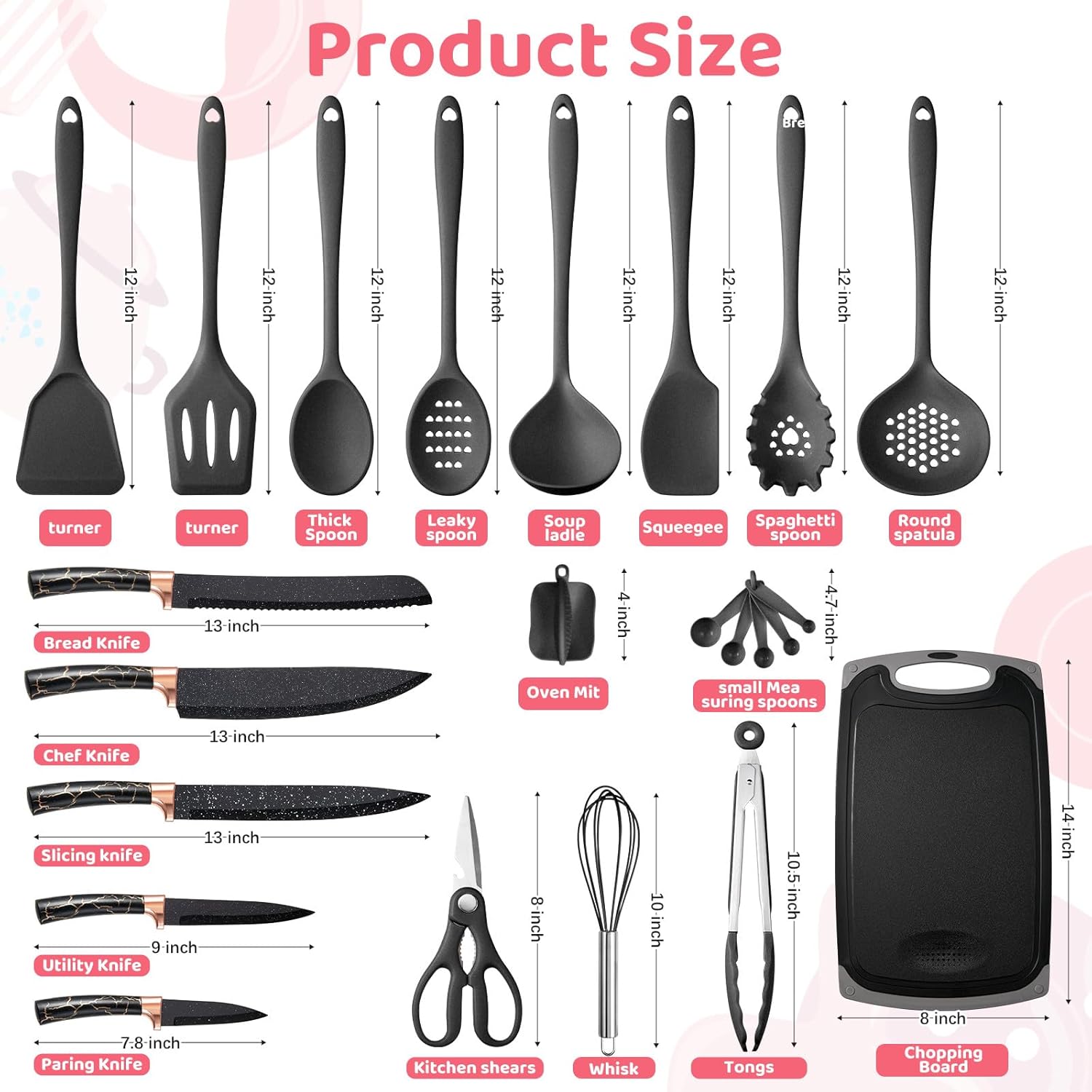 25-Piece Kitchen Cooking Utensil Set, Silicone Kitchen Utensil Set with Utensil Holder, Heat-resistant Cooking Cutlery Set, Dishwasher Safe, Non-Stick Coating (Rose Gold Black)