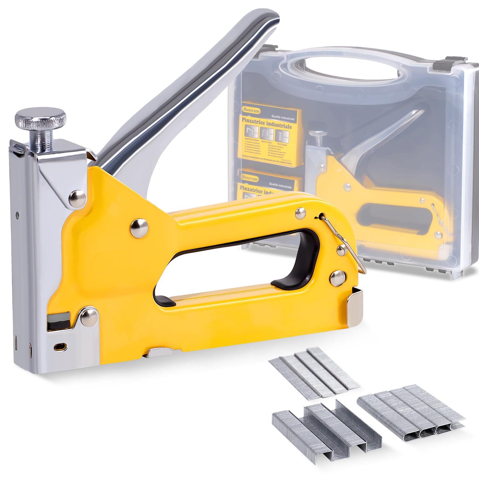 Tutee 3 In 1 Hand Staple Set Graffettatrice Per Legno，Scatola 300 Chiodi，Adatto Per Decorazioni Di Interni, Decorazioni Per La Casa, Materiali Di Fissaggio, Spillatrice Per Legno (Giallo)