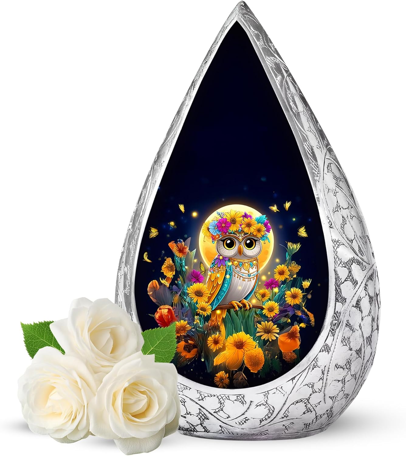 White Owl Elegant Adult Urns for Human Ashes Women and Men - White Flowers Cremation Urns for Women - Snowy Blue Large Drop Ashes Holder 10 Inch - Funeral Gift for Mom and Dad