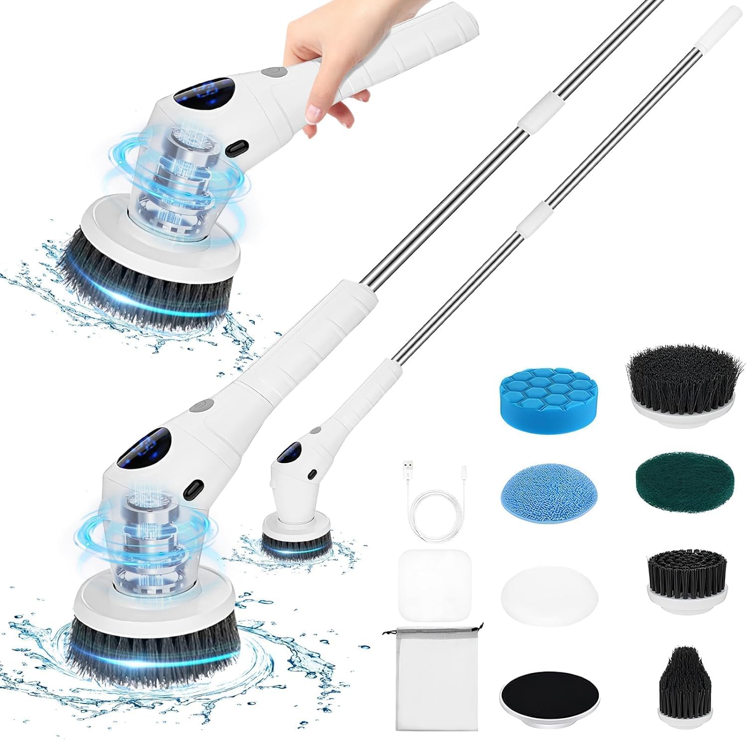 Necomi Electric Spin Scrubber, Cordless Cleaning Brush with 8 Replaceable Brush Heads & 3 Adjustable Speed, 360° Digital Electric Scrubber for Bathroom Bathtub Kitchen Floor Sink