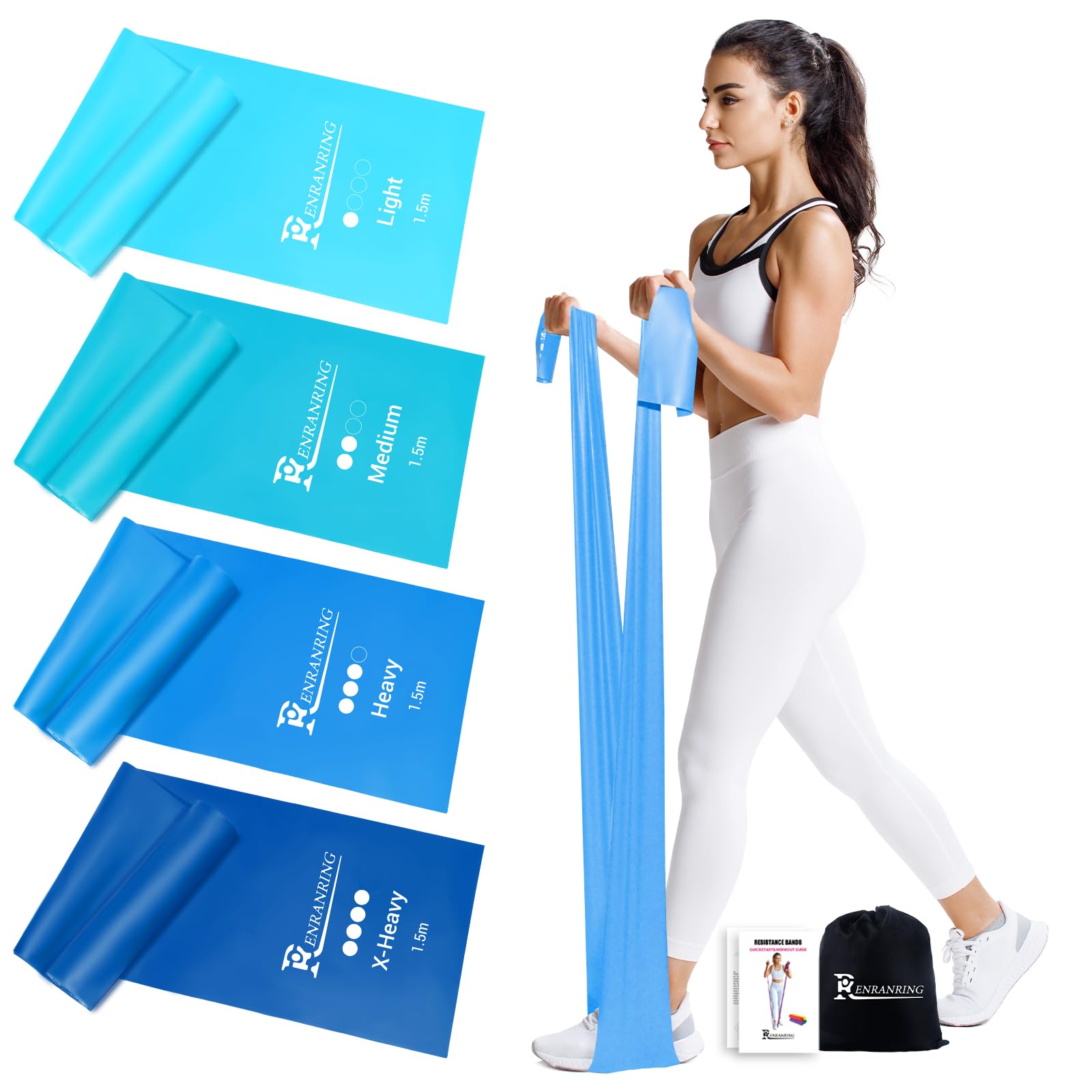 RENRANRING 4er Fitnessbänder, 1.5m Gymnastikband mit 4 Widerstandsstufen, Fitnessband mit Tragasche & Übungsanleitung,ideal für Yoga, Pilates, Muskelaufbau