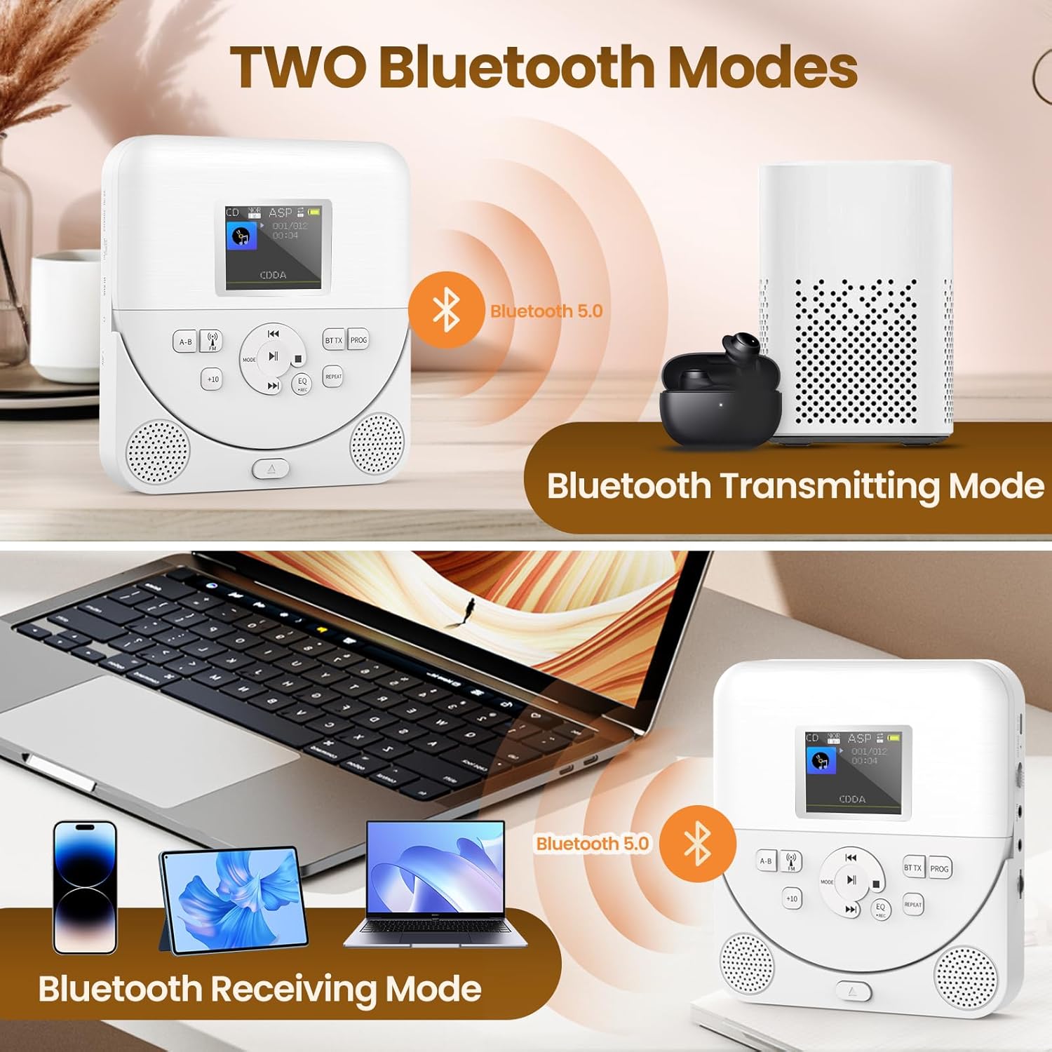 Bluetooth CD Player Portable for Home with Dual Speakers, FM Transmitter, Rechargeable Portable CD Player for Car Compact Player with Colorful TFT Screen