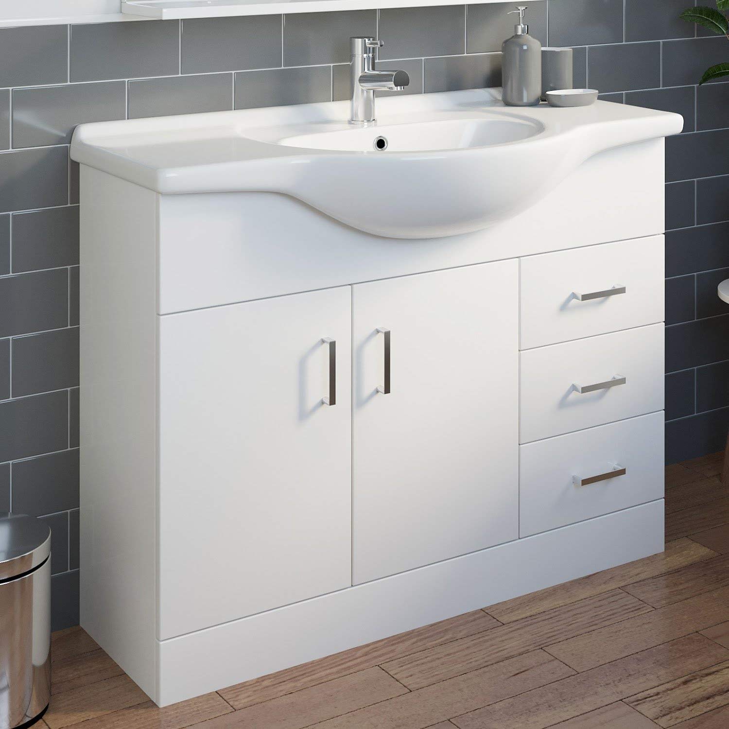 Essentials White 1050Mm Bathroom Vanity Unit & Basin Sink Gloss Floorstanding Tap + Waste