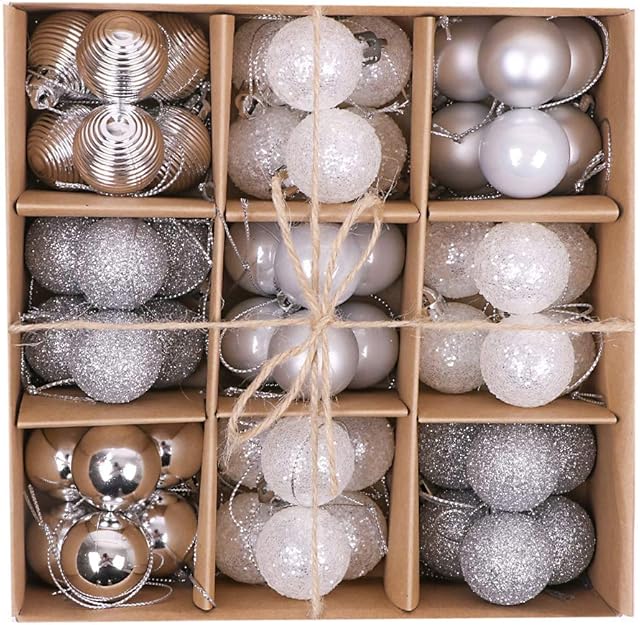 Victor's Workshop 54pcs 3cm Shatterproof Christmas Baubles, Frozen Winter Silver and White Christmas Ball Ornaments for Christmas Tree Decoration